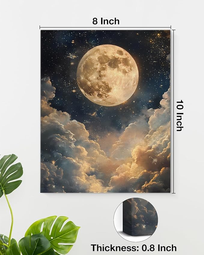 Aesthetic Celestial Moon Wall Art Decor Night Sky Moon Dark Academia Canvas Print Poster Framed Picture Painting for Home Living Room Bedroom Wall Decor 8x10 Inch