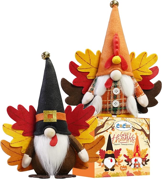 CRCZK Turkey Fall Gnome, Thanksgiving Gnome Decorations, 2Pack Handmade Swedish Tomte Gnomes with Maple Leaves Wings Harvest Gnome Plush Scandinavian Figurine Nordic Gnomes Holiday Decor Gifts