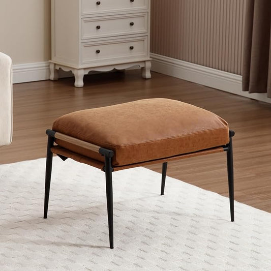 Mid-Century Ottoman, Soft PU Leather Entryway Bench Ottoman Foot Rest with Metal Legs Single Seat for Living Room Reading Room, Brown