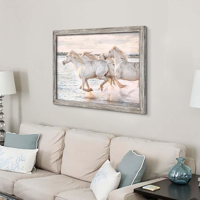 Horse Wall Art Wood Decor: Horses Running Large Framed Picture Wild Animal Print Painting Modern Wildlife Artwork Decoration for Home Office Living Room 45 x 30 Inches