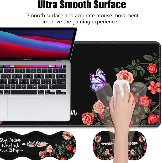 Ergonomic Memory Foam Mouse Pad Wrist Rest Set,Stay Positive Work Hard and Make It Happen Inspirational Quote Large Desk Pad + Keyboard Wrist Rest + Mouse Wrist Cushion + Coaster for Home Office Study