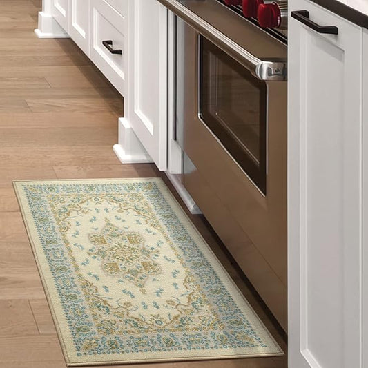Antep Rugs Alfombras Oriental Traditional 2x4 Non-Skid (Non-Slip) Low Profile Pile Rubber Backing Kitchen Area Rugs (Blue Beige, 2'3" x 4')