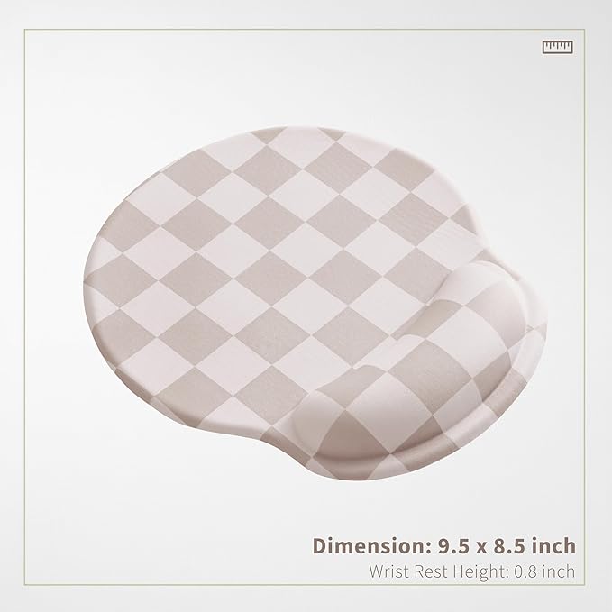 Beige Khaki Checkered Mouse Pad with Gel Wrist Rest, Wrist Support, Ergonomic Desk Accessories for Women, Office Laptop Gaming Decor, Cute Aesthetic Check Design