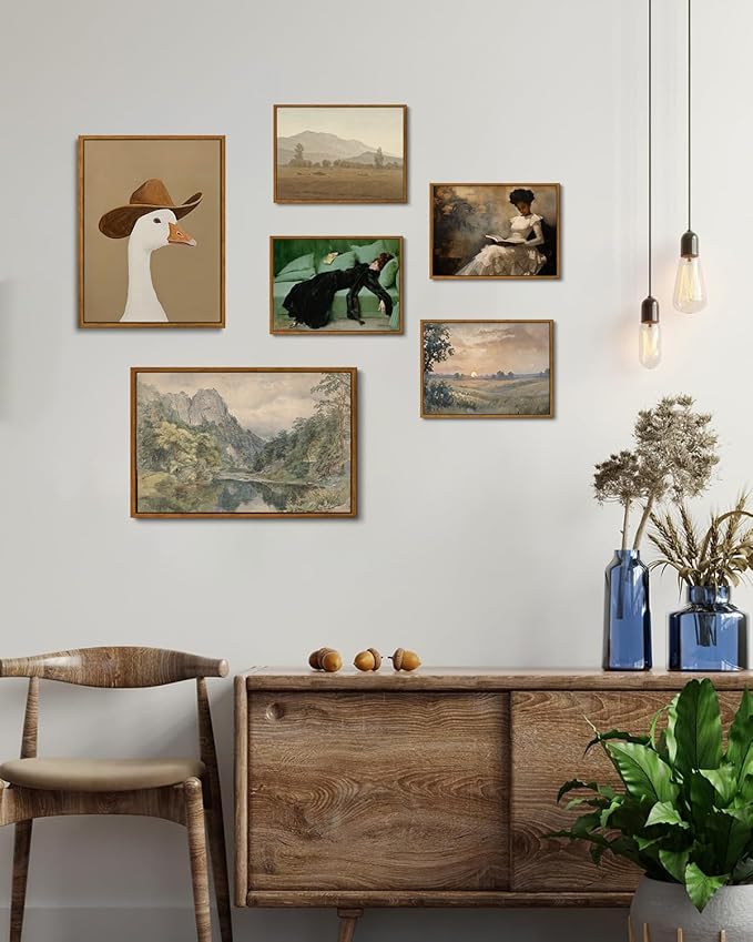 KISSFOX Vintage Framed Wall Art Sunset Landscape Canvas Wall Art Neutral Farmhouse Serene Countryside Paintings Artwork Rustic Art Prints For Bedroom Living Room