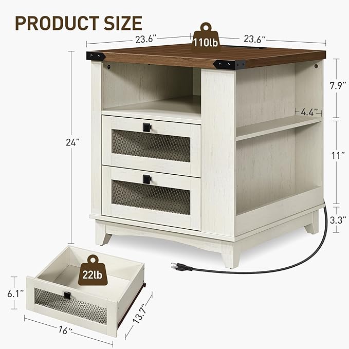 Farmhouse End Table Set of 2, 24''Large Sofa Side Table with LED Light and Charging Station, Square Nightstand with Side Shelves and 2 Drawers, for Bedroom, Living Room.White and Walnut