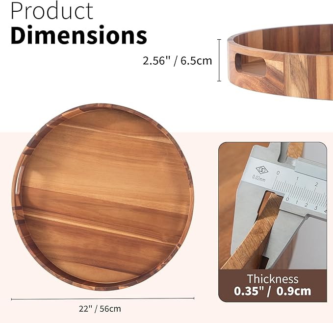 Extra Large Tray for Ottoman 22" Wooden Tray Ottoman Trays Large Acacia Wood Serving Tray with Handles Wooden Trays for Party, Food Serving, Breakfast, Dinner, Coffee Tea, Appetizers