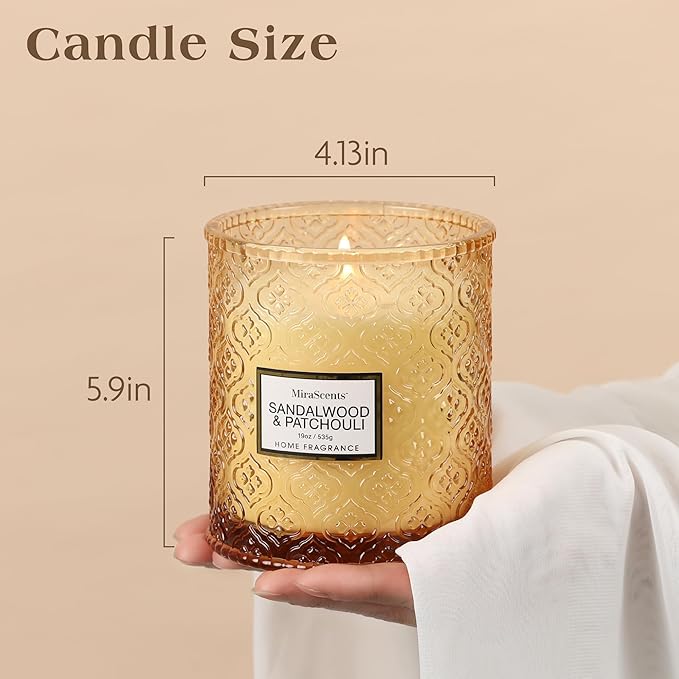 Sandalwood & Patchouli Scented Candles, 19oz Luxury Gifts for Women, Orange Decorative Glass Candles, Natural Soy Wax for Home Fragrance