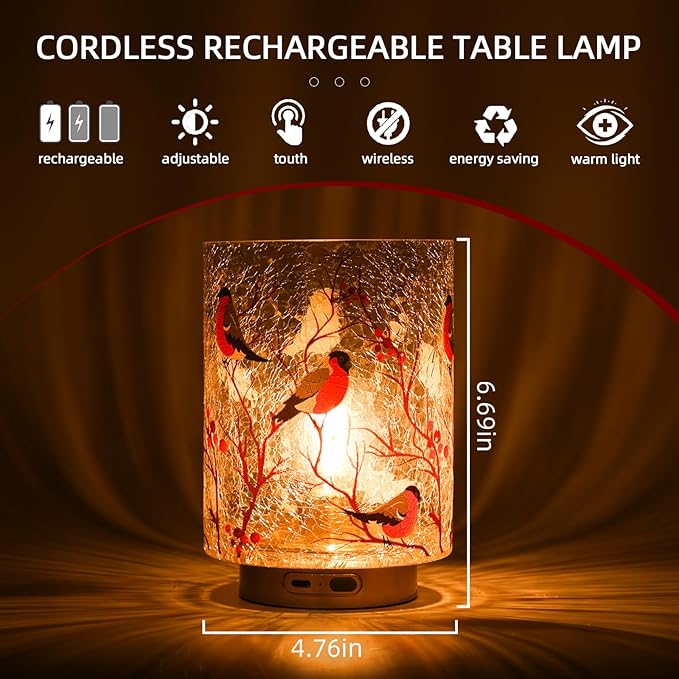 Rechargeable Battery Table Lamp Timer, Handmade Crackle Glass Lamps with Two-Level Dimmer, Emergency Cordless Lamp for Area No Plug, Decorative Mood Light for Entryway/Corner/Bedroom/Bathroom(Red)