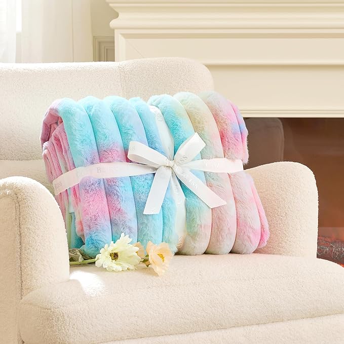 Cozy Bliss Faux Fur Throw Blanket for Couch, Cozy Warm Plush Striped Blanket for Sofa Bedroom Living Room, 60 * 80 Inches Tie-dye Rainbow