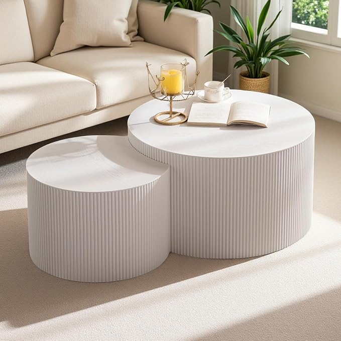 Modern Round Wooden Nesting Coffee Table Set of 2 Circle Tables with Non-Slip Feet, Accent Side End Table, Saving Space Design and No Need Assembly (GLARGE)