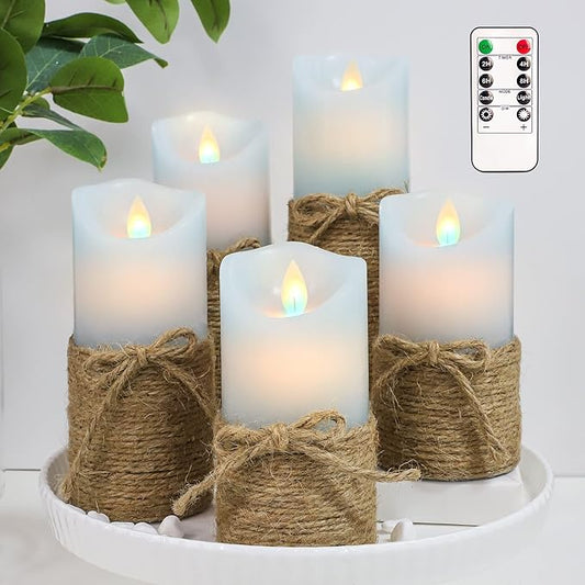 Crystal Club Blue Flameless Candles, Set of 5 Battery Operated LED Pillar Candles with Timer, Real Wax Candle Set with Remote for Home Bedroom Décor