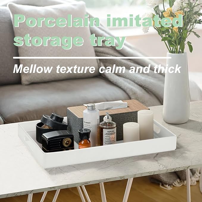 Serving Tray with Handles-10x15Inch White Melamine Modern Serving Platters,Serving Wine,Coffee,Breakfast/Kitchen Countertop Tray/Makeup Drawer Organizer/Vanity Table Tray/Decorative Tray