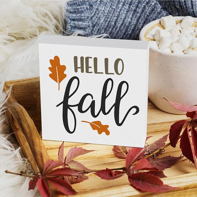Fall Wooden Box Sign for Tiered Tray, 5.1 X 5.1 Inch Pumpkin Autumn Wood Sign for Home Living Room Harvest Day Thanksgiving Tabletop Decor - Hello Fall