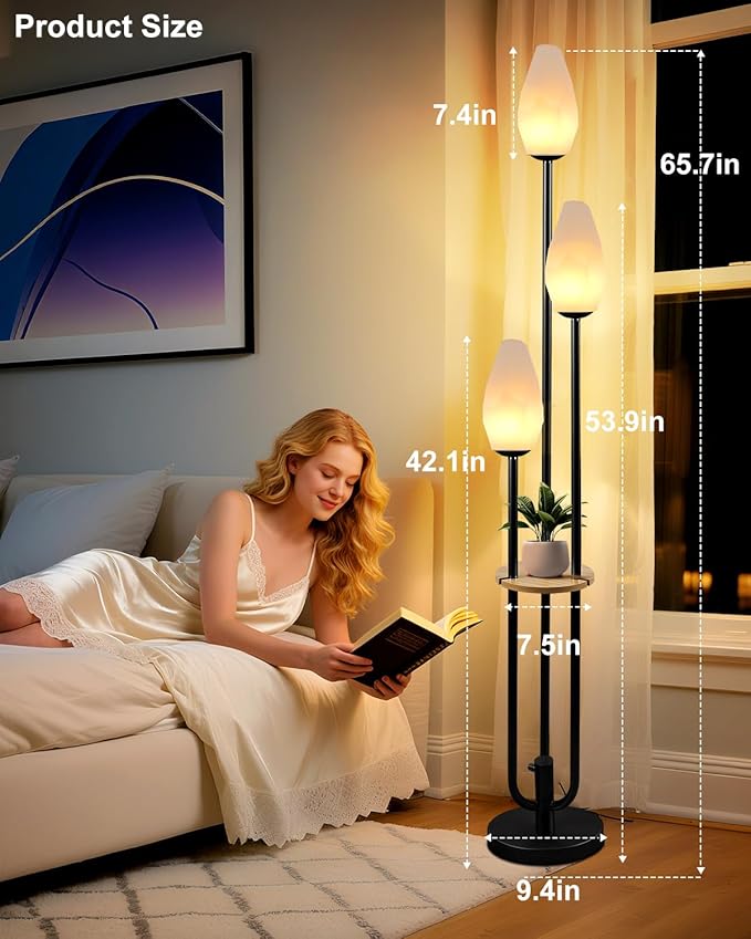 Lightdot Black Floor Lamp with Tray, 3-Lights Dimmable Floor Lamps with Rock-Shaped Shade, Unique Candle Holder Style Modern Tall Lamp for Living Room/Party(Bulbs Included)
