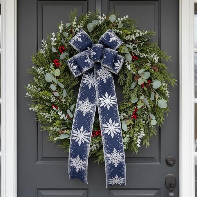 CT CRAFT LLC Navy Satin with Silver Snowflake Wired Ribbon 2.5 Inch x 10 Yards for Christmas Home Decor Tree Topper Bow Gift Wrapping DIY Crafts Wreath Garland