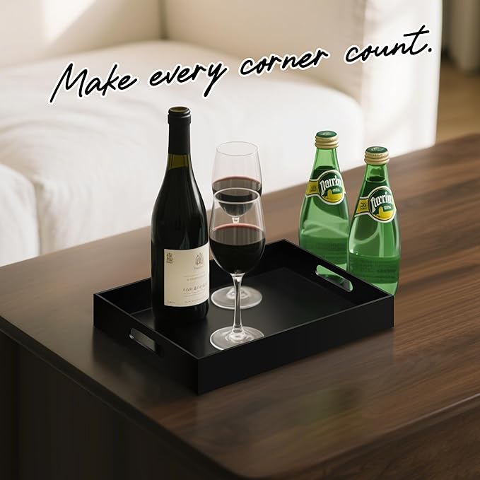 Glossy Black Acrylic Serving Tray with Handles-Butler Trays for Coffee Table, Snacks,Breakfast in Bed, Kitchen Countertop,Vanity,Makeup Organizer,Ottoman (Black, 10x15 Inches)