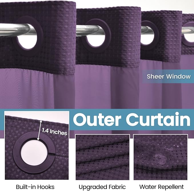 Purple Hotel Style Shower Curtain with Snap in Liner - 230GSM Waffle Textured,Hotel Grade,Spa Like Bath Curtain,71W x 74H