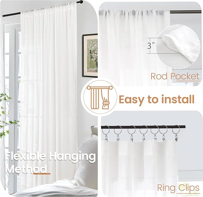 BGment White Linen Curtains 96 Inches Long for Living Room - Semi Sheer Light Filtering Drapes with Rod Pocket for Bedroom Floor Length Lightweight Rustic Window Treatments, 2 Panels Set, 52 X 96 Inch