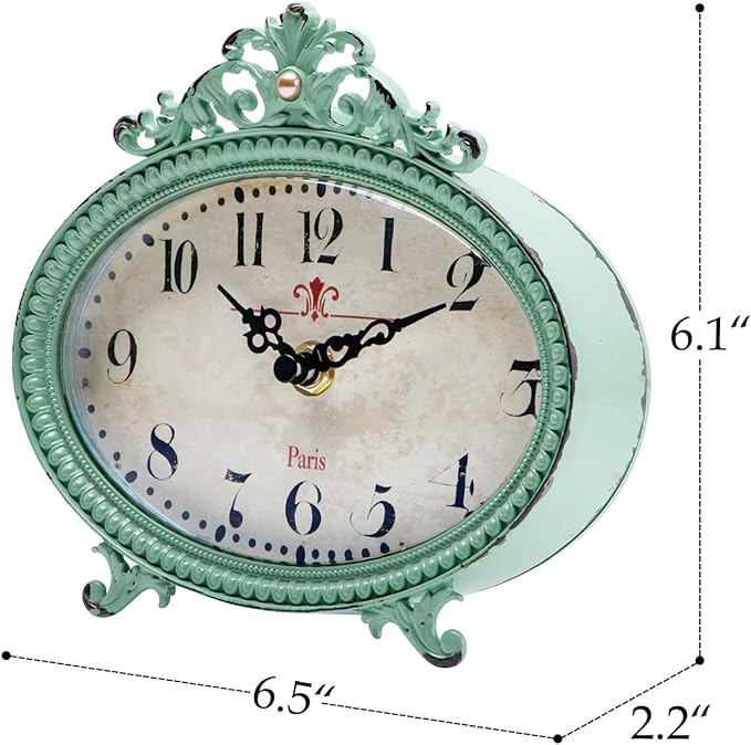 NIKKY HOME Vintage Table Clock, French Turquoise Color Rococo Style Desk Clock Battery Operated Rustic Design, Home Décor for Living Room, Bedroom, Bedside, Desk, Gift Clock - Distressed Green