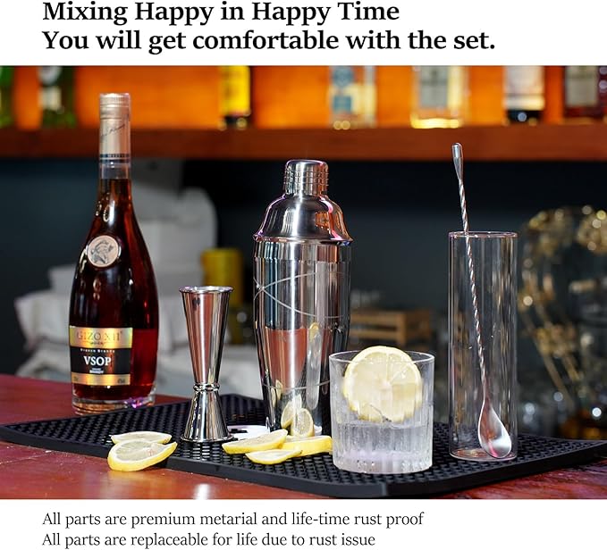 Lexenic Professional Starter Bartender Kit Cocktail Shaker Set,6 Piece - Home Bar Tool Set - Drink Mixer Kit with Accessory Tools: Bar Mat,Martini Shaker, Jigger, Strainer, Bar Spoon, Muddler (Kit E)