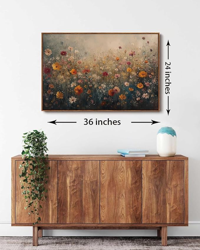 KISSFOX Vintage Framed Wall Art Farmhouse Dreamy Wildflower Field Canvas Art Colorful Daisy Floral Paintings Artwork Natural Rustic Art Prints For Bedroom Bathroom Living Room