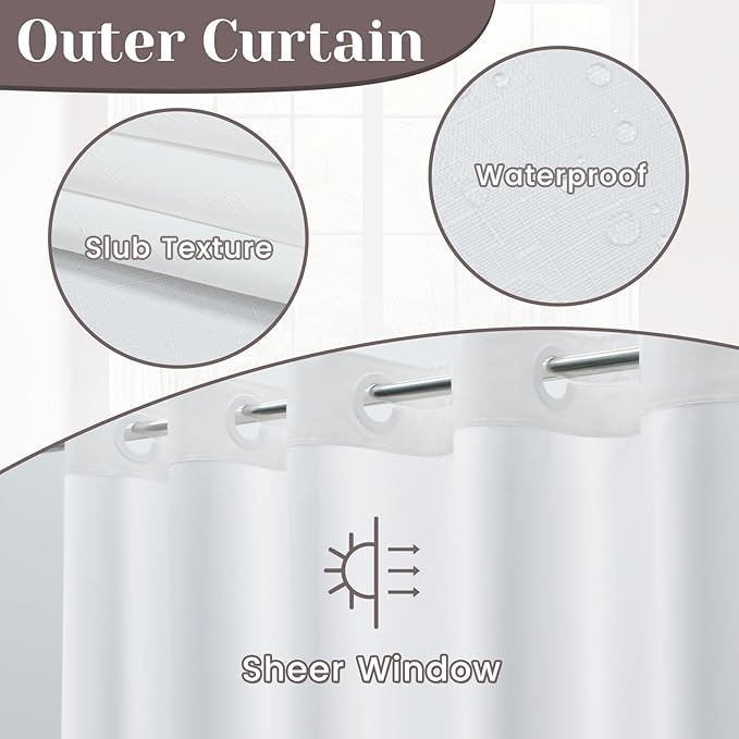 No Hook Slub Textured Shower Curtain with Snap in Liner - White Fabric Outer Curtain & Waterproof Inner Liner, Hotel Style with See Through Top Window, 71x74 in