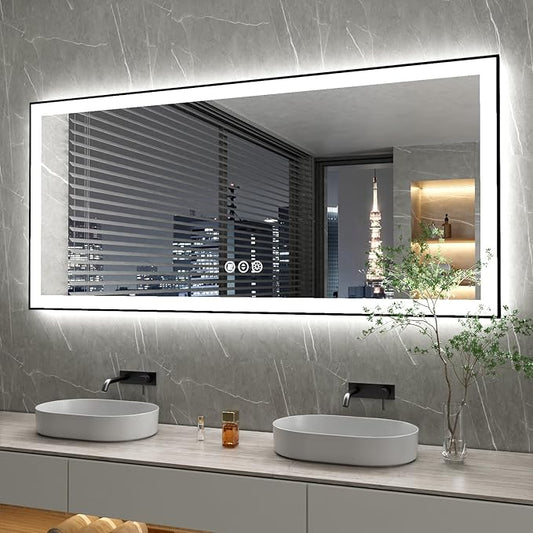 60x28 Inch LED Bathroom Mirror with Black Frame, Backlit and Front Lighted Bathroom Mirrors for Wall, Anti-Fog, Dimmable, Memory, Shatterproof, LED Vanity Mirror for Bathroom