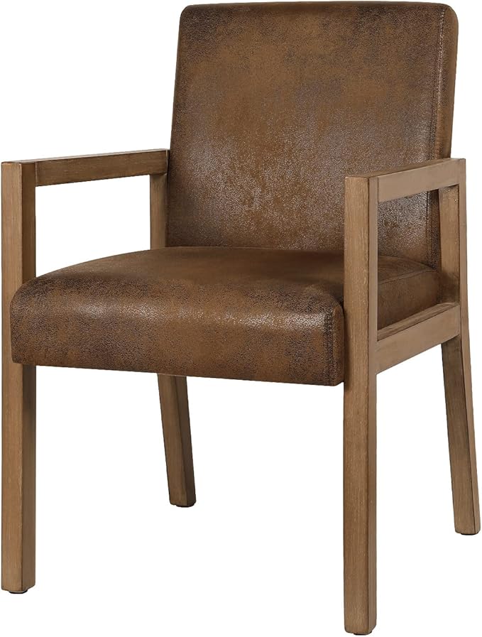 Bekrvio Dining Chairs, Upholstered Faux Leather Dining Chairs with Arms, Mid Century Modern Accent Chairs for Living Room, Arm Chairs with Wood Frame (1, Brown with Wood Arms)