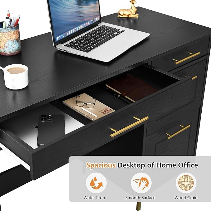 4 EVER WINNER Computer Desk with Drawers, 43 Inch Small Desk with Storage Shelves, Home Office Desk with Drawers for Small Space, Black