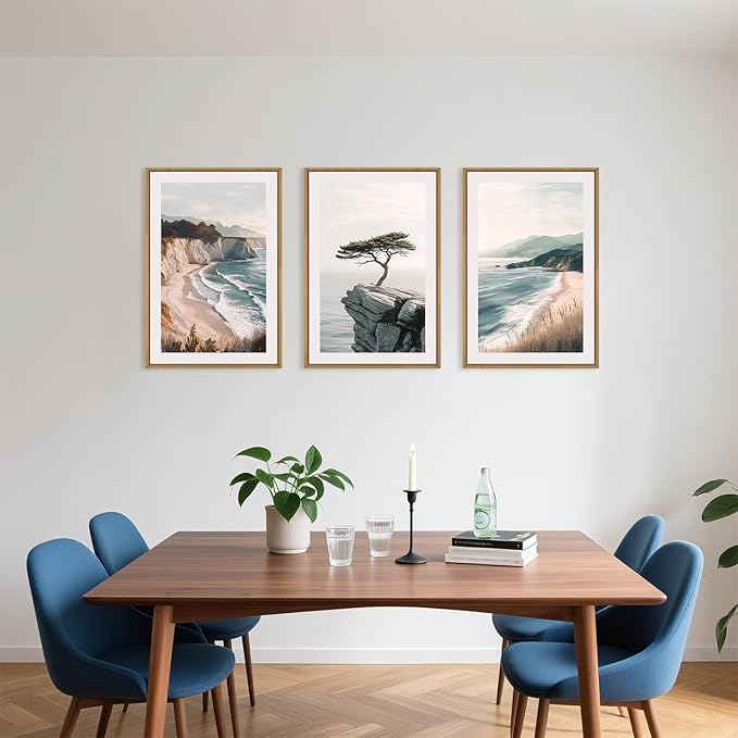 Amalfi Coastal Seascape Framed Canvas Wall Art Set, Summer Ocean Wall Decor, Southwestern Beach Wall Painting, Ocean Seascape Art Prints for Living Room, Bedroom, Dining Room - 24"x36"x3