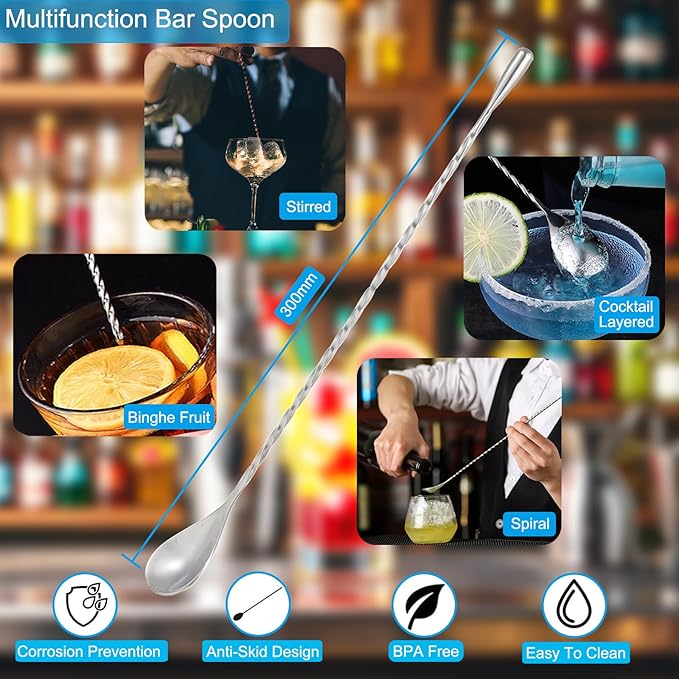 Cocktail Shaker Set with Stand,Cocktail Kit,Bartender Kit with 10 Piece Bar Tool Set,Matini Shaker,Mixing Spoon,Jigger,Strainer,Muddler,Corkscrew for Barware Set and Other Bar Tools (Black Bamboo)