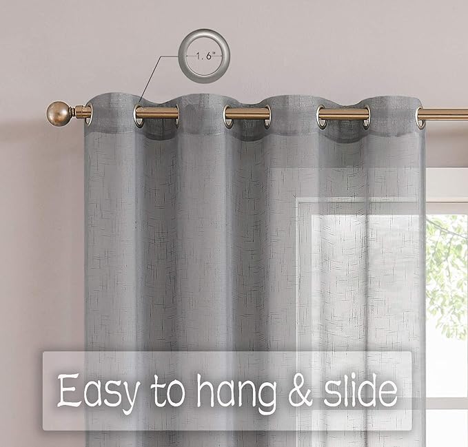 Randall Grey Linen Sheer Curtain Panel Pairs with Grommets/Eyelets Rustic Window Drape Treament Decoration for Living Room Bedroom Farmhouse, 54x63 Inch, 2 Panels
