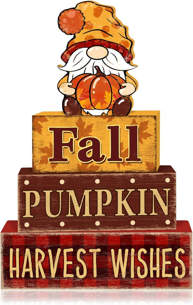4 Pcs Fall Decorations for Home Thanksgiving Gnome Tiered Tray Decor, Fall Table Decor Farmhouse Rustic Wooden Gnome Pumpkin Block Sign Autumn Tabletop Centerpieces for Home Kitchen Indoor