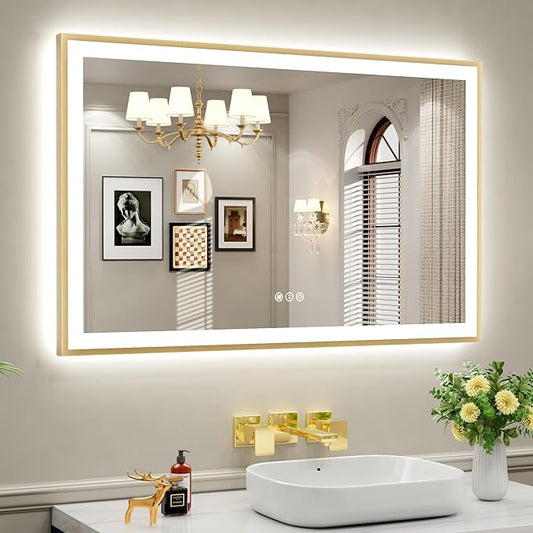 55x36 LED Bthroom Mirror with Gold Metal Frame, Dimmable Lighted Mirror with Backlit and Front-lit,LED Vanity Mirror for Wall, Memory Function, Tempered Glass, Anti-Fog