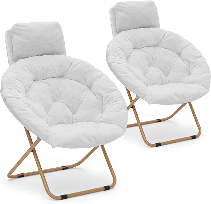 Athena Collection Comfy Saucer Chair with Headrest Oversize Round Cozy Chair Folding Chair Faux Fur Metal Frame Foldable Reading Chair Accent Chair for Bedroom Living Room Set of 2, White
