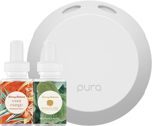 Pura Smart Home Fragrance Device Starter Set - Pura 4 - Scent Diffuser for Home - Includes Fragrance Aroma Diffuser - Square Box, Maui Mango and Signature Island Blend Scent Refills