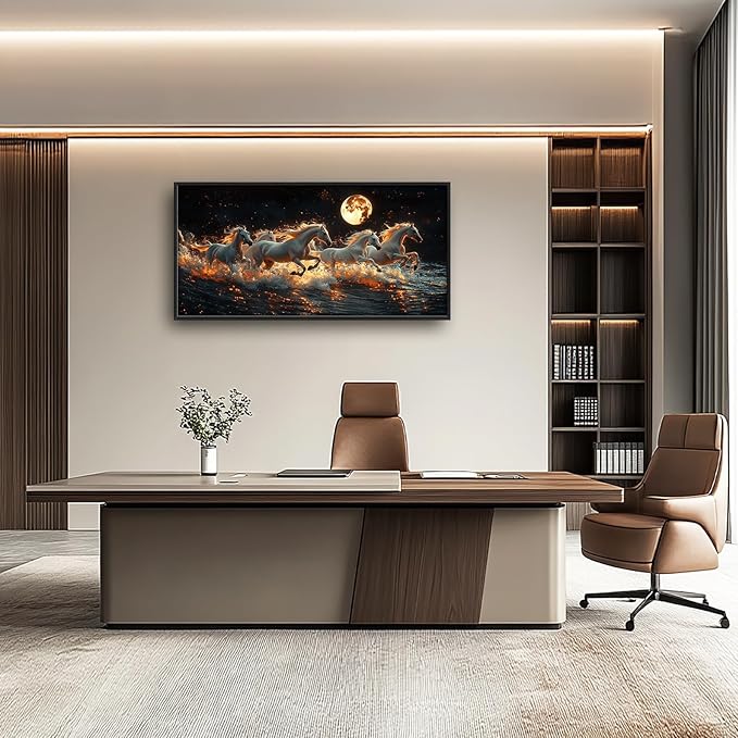 Horse Wall Art, White Horses Pictures Wall Decor, Running Animal in Moonlight Canvas Prints Painting, Large Framed Artwork for Living Room Office Bedroom Bathroom Corridor 60"x 30"
