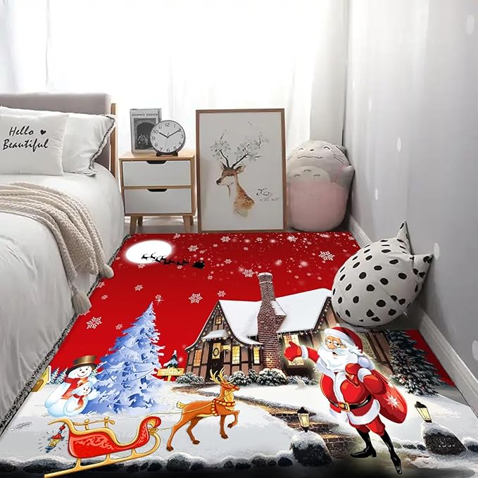 kxry Area Rugs 5X7 Feet, Merry Christmas Soft Machine Washable Area Rugs Santa Claus Deer Christmas Tree Snowman Non Slip Foldable Floor Carpet for Living Room Bedroom Dining Room Dorms