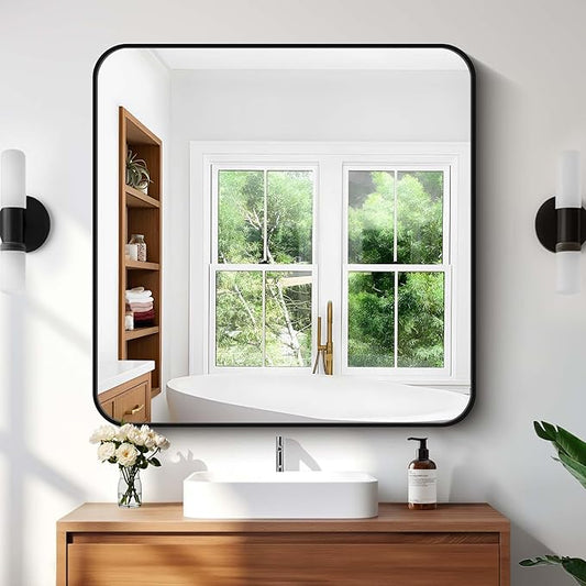 Bathroom Mirror, 36"x36" Black Square Wall Mirror, Metal Frame Rounded Corner Vanity Mirror, Large Wall Mounted Mirror for Modern Bedroom Living Room Horizontal Or Vertical Mounting