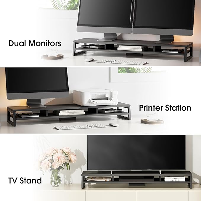 Fenge Dual Monitor Stand for Desk, 42.5in Large Monitor Riser for 2 Monitors, 2 Tier Computer Office Desk Top Shelf, Desktop Storage Stand for Laptop, PC, Computer, Printer