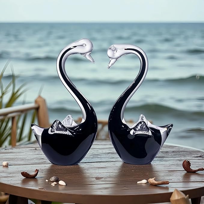 Black Swan Glass Figurines Set - 7.5" L x 3.9" H Weatherproof Hand Blown Glass Art, Indoor/Outdoor Decor, Pair of 2 - Perfect Garden Art, Home Shelf Display & Gift for All Occasions