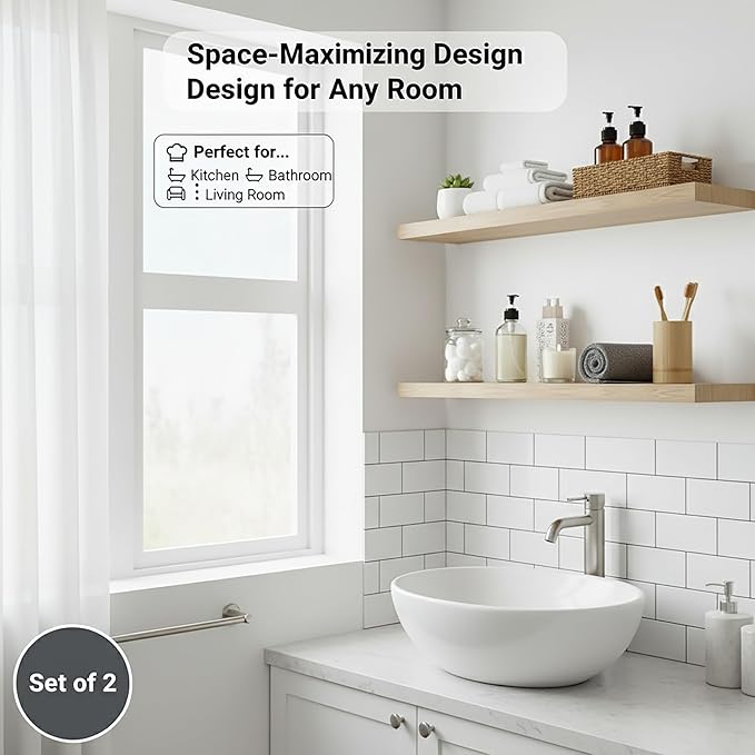 Lufia Floating Wall Shelves, Set of 2, MDF with Invisible Brackets, Modern Storage for Bedroom, Bathroom, Living Room, Kitchen (Oak, 32" W X 7" D X 1.5" H)