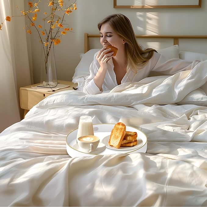 MAONAME White Decorative Tray for Coffee Table, Modern Round Serving Tray with Handles, 13" Plastic Tea Trays for Ottoman, Bathroom Decor