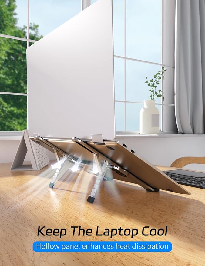 ZenRich Foldable Laptop Stand – Ergonomic Aluminum Riser with 6 Adjustable Heights, Compatible with MacBook, Dell, Asus, HP, Lenovo, Samsung, Razer, MSI (Up to 15.6''), Silver/Black