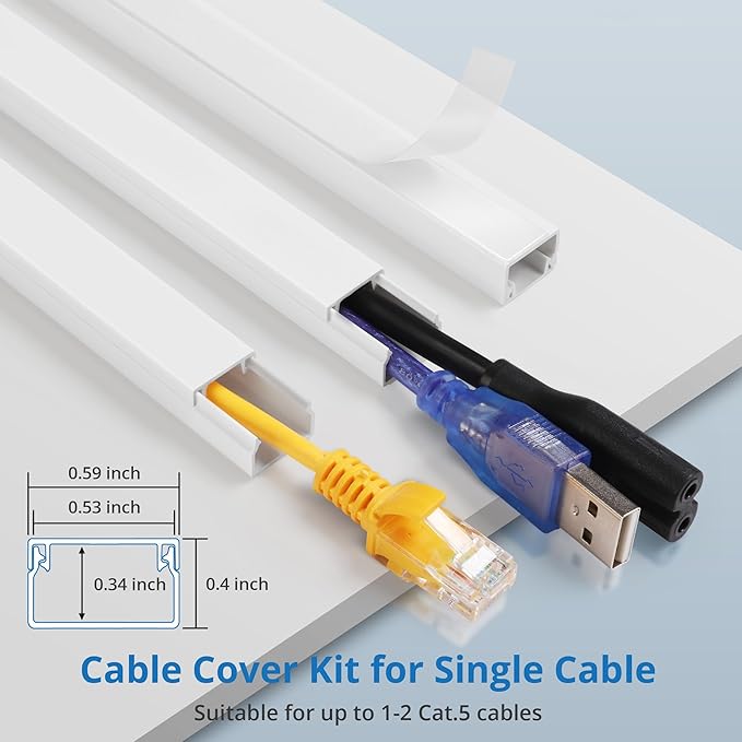 One-Cord Hider Kit, 126in Cable Covers for Wires on Wall, Mini Wire Hider for Wall Mounted TV, Black Cable Raceway, Paintable Cord Cover Cable Management for Home Office, 8xL15.7in W0.6in H0.4in