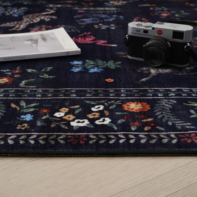 Rugcomf Runners for Kitchen Non Slip 2'x10' Long Washable Runner Rugs with Rubber Backing Soft Floral Animal Carpet Runner for Kitchen, Laundry, Bedroom, Bathroom (Blue)