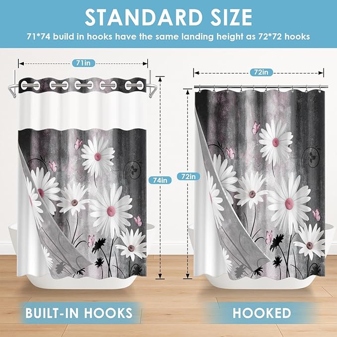 No Hook Pink White Daisy Butterfly Shower Curtain with Snap in Fabric Liner Set, Grey Farmhouse Double Layers Waterproof Fabric with See Through Top Window Open Grommet Bath Curtain 71x74 Inch