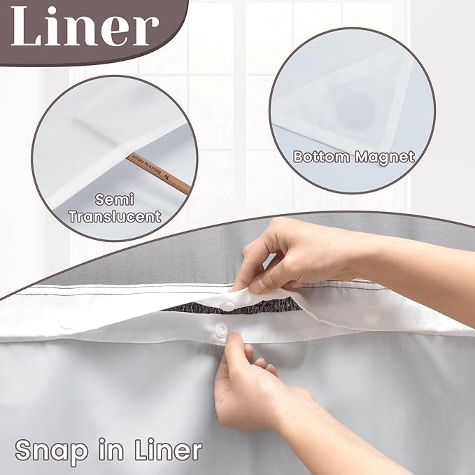 No Hook Slub Textured Shower Curtain with Snap in Liner - Black Fabric Outer Curtain & Waterproof Inner Liner, Hotel Style with See Through Top Window, 71x86 in