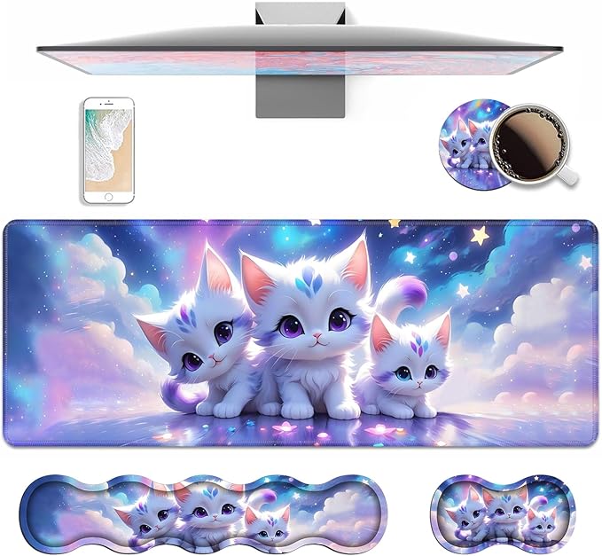 4 in 1 Ergonomic Keyboard Wrist Rest & Mouse Pad Wrist Rest Set, Large XXL Gaming Desk Mat 31.5"x 11.8" with Non-Slip Base, Memory Foam for Home Office Study Gaming, Cute Cat
