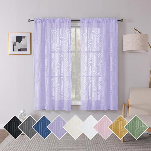 Simplebrand Lavender Sheer Curtains 63 Inch Length 2 Panels, Light Filtering Semi Sheer Curtains for Bedroom, Geometric Jacquard Clip Textured Window Semi Sheer Curtains Drapes, 42Wx63L Inches